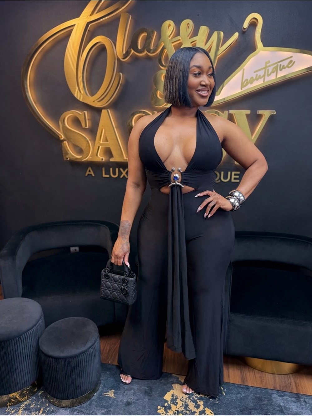 Black Halter-Front Wide Leg Jumpsuit